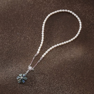 Mother of Pearl Green Cosmos Flower Natural White Pearl Chain Pendant Necklace