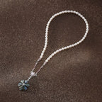 Mother of Pearl Green Cosmos Flower Natural White Pearl Chain Pendant Necklace