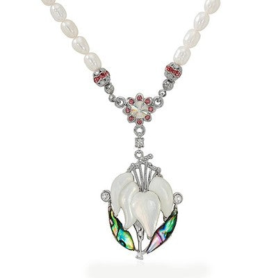 Mother of Pearl White Orchid Flower Natural White Pearl Chain Pendant Necklace