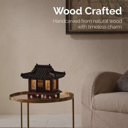 Carved Wood Bedside Lamp - Korean Hanok Miniature Bedroom Table Light