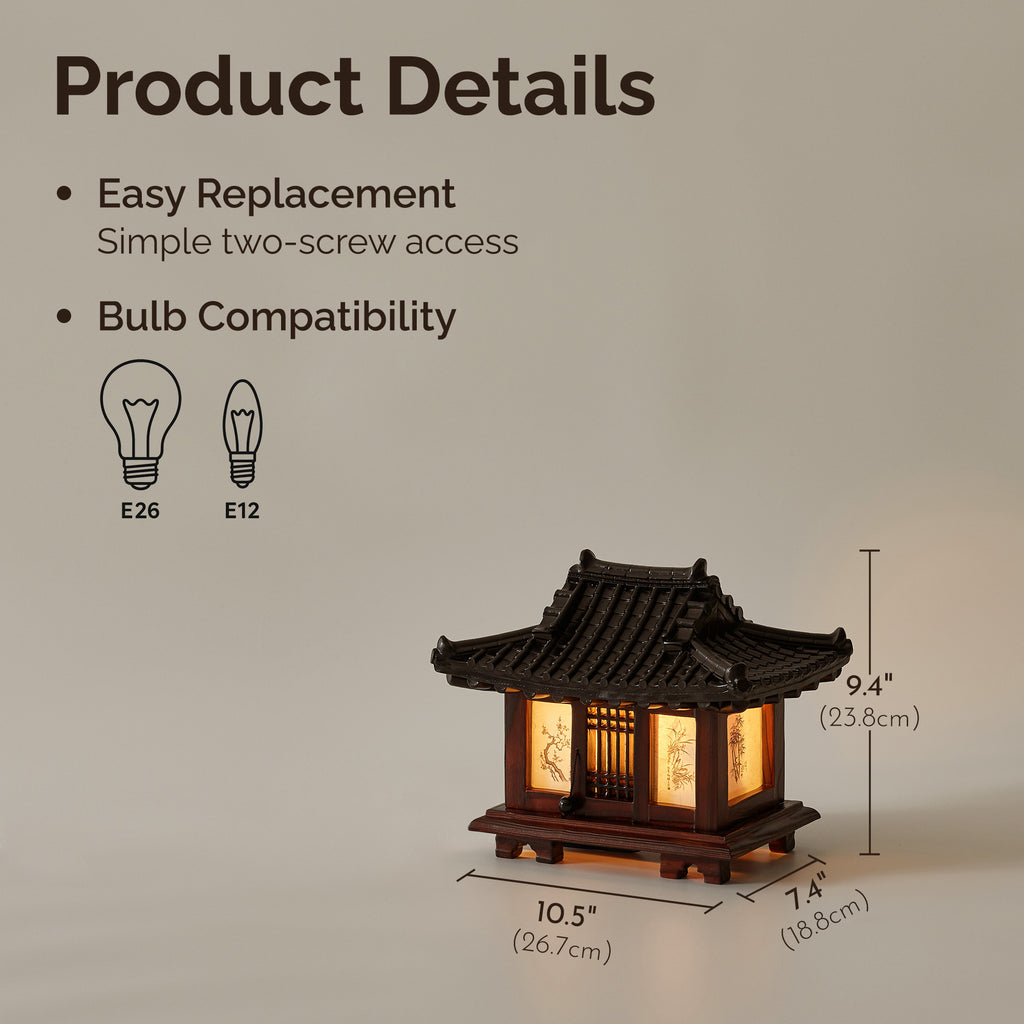 Carved Wood Bedside Lamp - Korean Hanok Miniature Bedroom Table Light