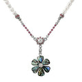 Mother of Pearl Green Cosmos Flower Natural White Pearl Chain Pendant Necklace