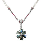 Mother of Pearl Green Cosmos Flower Natural White Pearl Chain Pendant Necklace