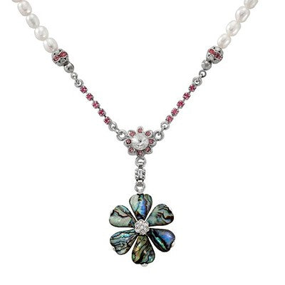 Mother of Pearl Green Cosmos Flower Natural White Pearl Chain Pendant Necklace
