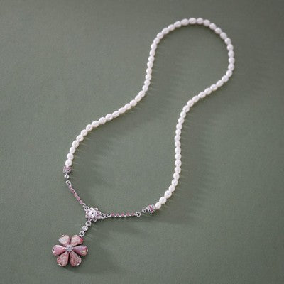 Mother of Pearl Pink Cosmos Flower Natural White Pearl Chain Pendant Necklace
