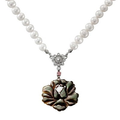 Mother of Pearl Rose Flower Natural Saltwater White Pearl Chain Necklace Pendant