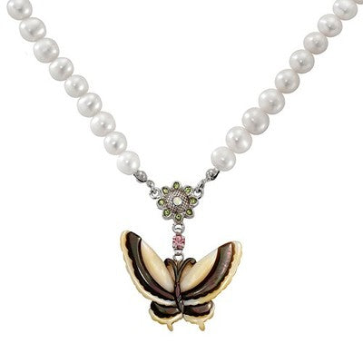 Mother of Pearl Butterfly Natural Saltwater White Pearl Chain Pendant Necklace