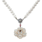 Mother of Pearl Rose Flower Natural Saltwater White Pearl Chain Pendant Necklace