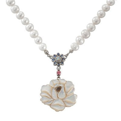 Mother of Pearl Rose Flower Natural Saltwater White Pearl Chain Pendant Necklace