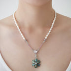 Mother of Pearl Green Cosmos Flower Natural White Pearl Chain Pendant Necklace