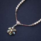 Mother of Pearl Green Cosmos Flower Natural White Pearl Chain Pendant Necklace