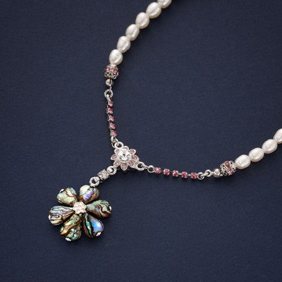Mother of Pearl Green Cosmos Flower Natural White Pearl Chain Pendant Necklace