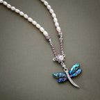 Mother of Pearl Dragonfly Natural Freshwater White Pearl Chain Pendant Necklace