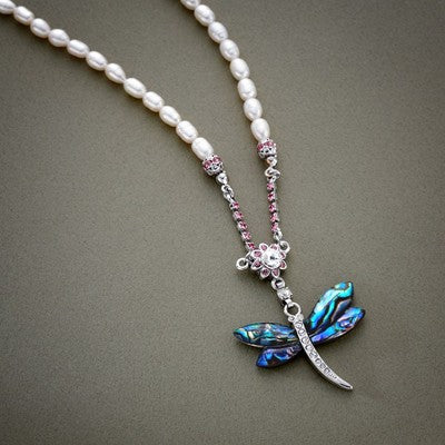 Mother of Pearl Dragonfly Natural Freshwater White Pearl Chain Pendant Necklace