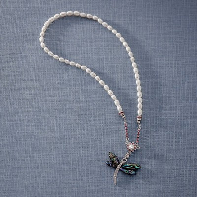 Mother of Pearl Dragonfly Natural Freshwater White Pearl Chain Pendant Necklace