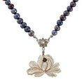 White Mother of Pearl Lotus Natural Saltwater Black Pearl Chain Pendant Necklace