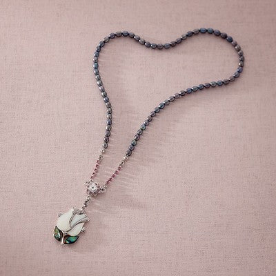 Mother of Pearl White Tulip Flower Natural Black Pearl Chain Pendant Necklace