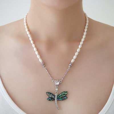 Mother of Pearl Dragonfly Natural Freshwater White Pearl Chain Pendant Necklace