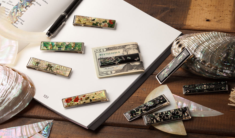 Mother of Pearl Money Clip - Arabesque Design Luxury Metal Cash Clamp